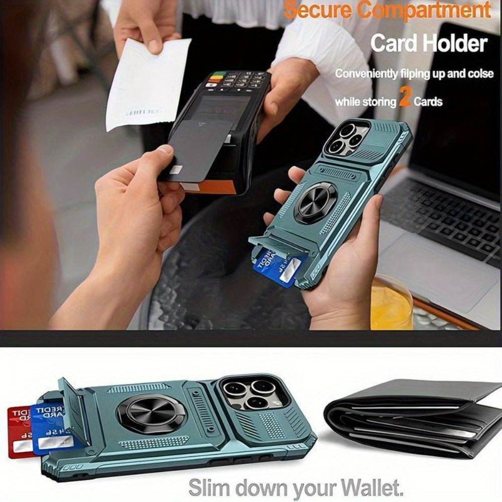 iPhone Card Slot Shockproof Case with Ring Holder & Kickstand – Wallet Phone Cover for iPhone 17 17 Air 17 Pro Max 16 15 14 13 12 11 Pro Max Plus Mini | Heavy Duty Drop Protection