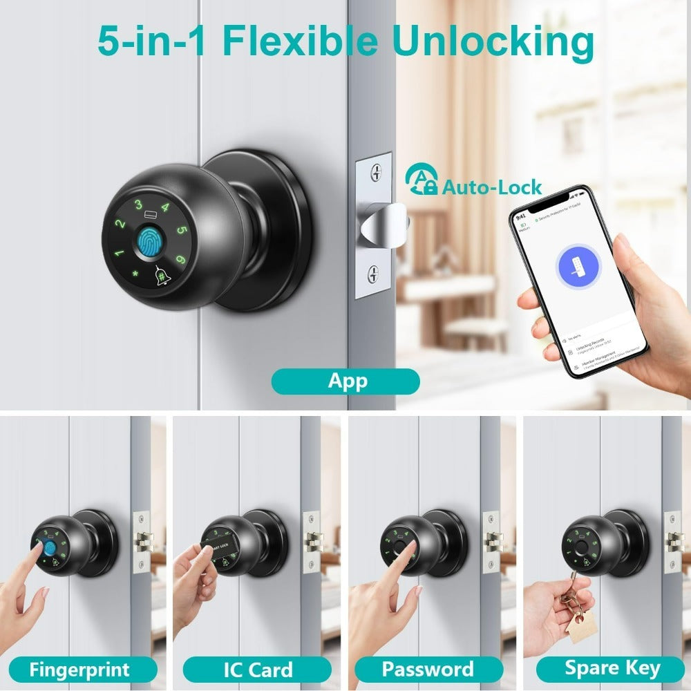 Biometric Handle Lock 5-in-1 Keyless Entry with Fingerprint, App, IC Card, Password & Backup Key – Silent Mode, Anti-Peep Keypad, Electronic Smart Door Handle for Bedroom Apartment Interior Door