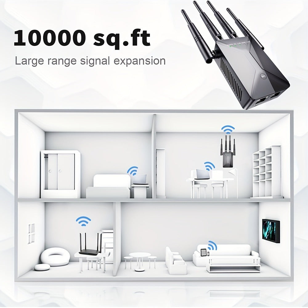 Ethernet Port WiFi Booster 1200Mbps Dual Band 5GHz & 2.4GHz, Up to 89% Faster WiFi Extender, 2026 Latest Upgraded Internet Signal Repeater for Gaming Smart TV Remote Work Large Home, Black