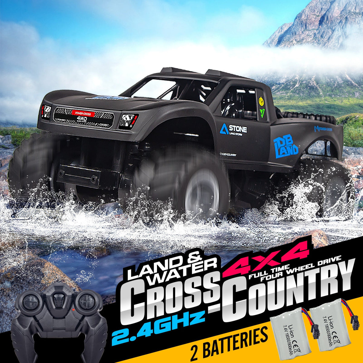 Amphibious RC Car 1:16 Scale 4WD, Waterproof Monster Truck or Pickup, 2 Batteries