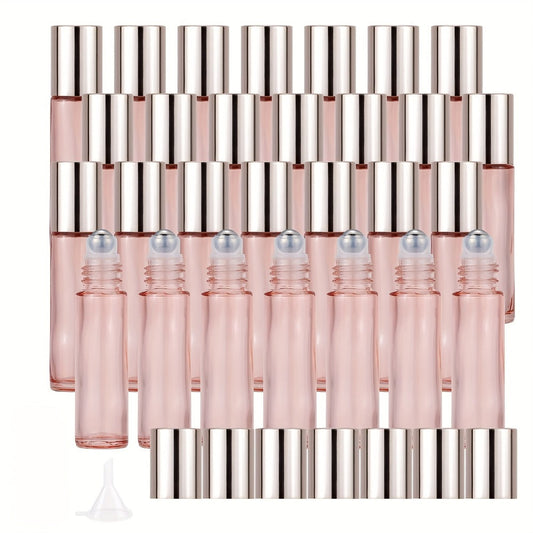 Glass Roller Bottles, 28-Pack of 10 ml Clear Pink Roll-On Containers for Oil Blends