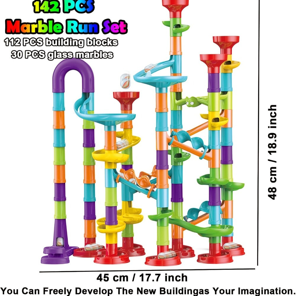 Marble Run Building Block Set with Glass Marbles, 112 or 147 Piece Race Track Toy for Ages 4+