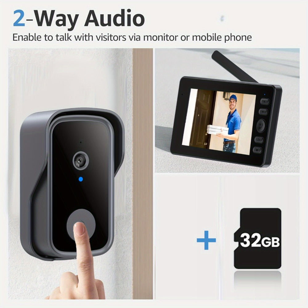 Wireless Video Doorbell Camera No WiFi No App Required 4.3-inch IPS Monitor 960P Night Vision Two-Way Audio Long Battery Life SD Card Storage No Subscription Wall-Mounted Home Security