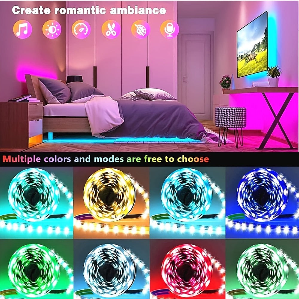 RGB LED Strip Lights Music Sync Color Changing – App & 24-Key Remote Control Dimmable Timer Adhesive LED Light Strip for Bedroom Dorm Ceiling TV Holiday Decor – 6.56FT to 260FT