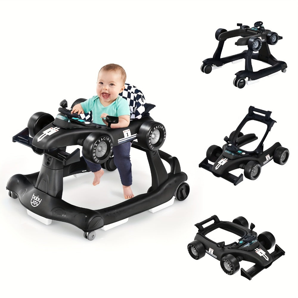 4-in-1 Foldable Baby Walker with Activity Toy Tray & Adjustable Height – Sit-to-Stand Push Walker for Infants & Toddlers, Removable Washable Seat Pad, Safe Learning Walker Baby Gift (Blue)