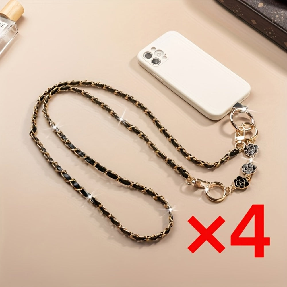 Crossbody Phone Strap Long Chain Pearl Camellia Metal Charm Elegant Lanyard for Women Girls – Clip-On Universal Fit iPhone Samsung Black White 2-5pcs Gift Set