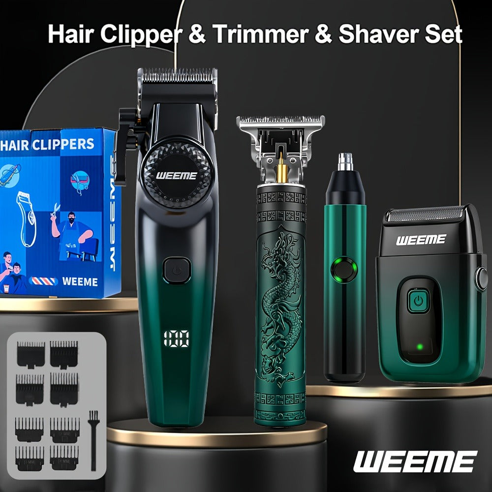 Hair Cutting Set 4pcs Professional - Electric Hair Clipper, Electric Shaver, T-Blade Trimmer & Nose Hair Trimmer, Gradient Green Gift Box, Precise Grooming Kit for Home Use & Gift