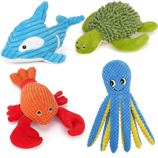 Squeaky Crinkle Dog Toys 4 Pack Plush Stuffed Chew Toys for Teething Puppies Small Medium Dogs Interactive Playtime Mixed Variety Set Soft Safe Durable