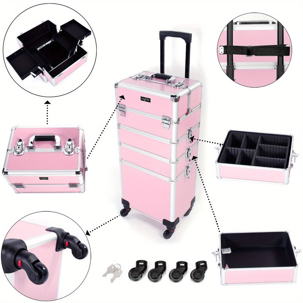 Makeup Train Case Rolling 4-in-1 Aluminum Lockable Trolley with 4 Removable Wheels Collapsible Trays DIY Compartments Telescopic Rod Cosmetic Organizer for Makeup Artists Salon Travel Black Pink Rhinestone