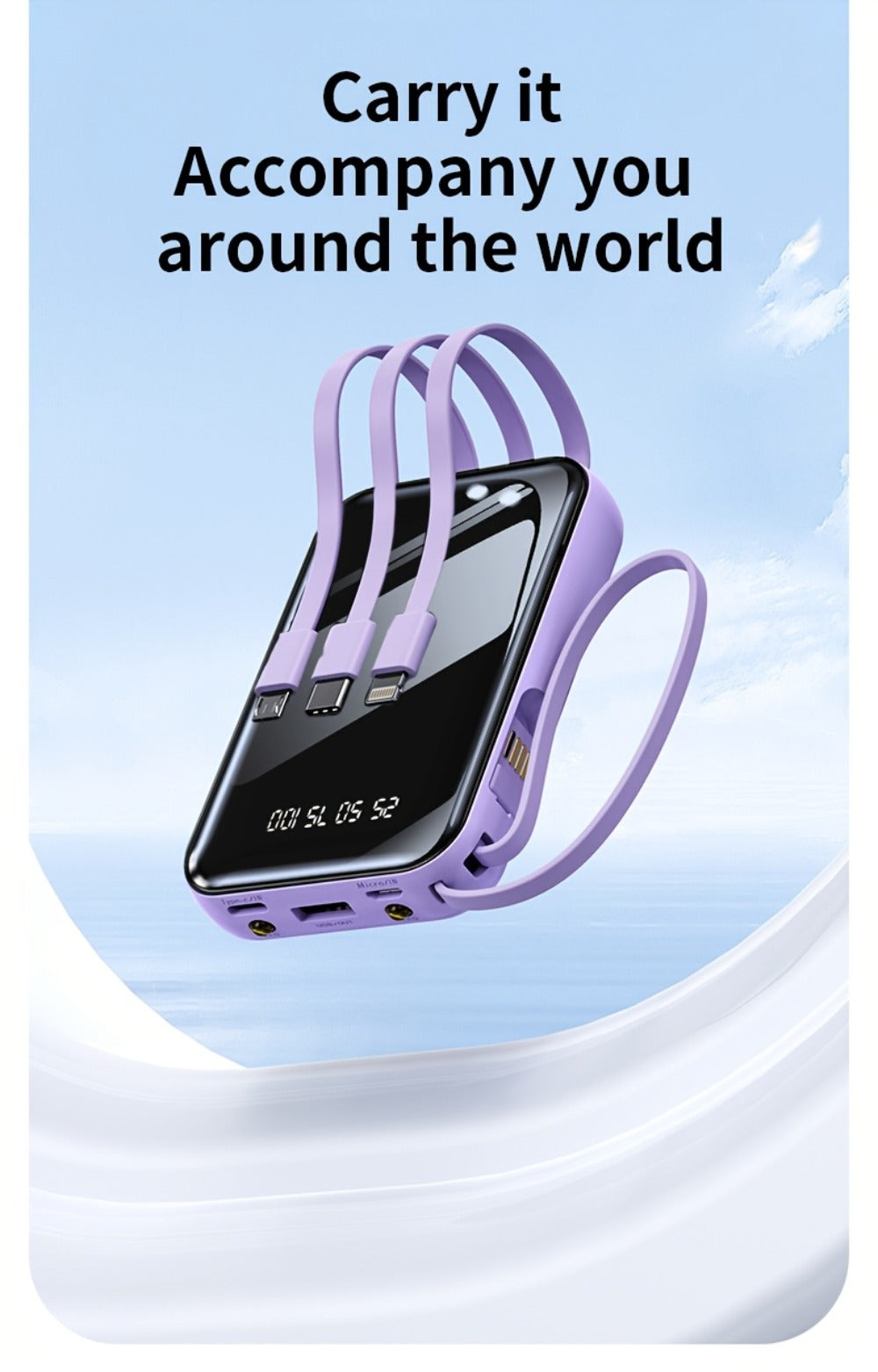 Built-in Cables Flashlight 50000mAh Power Bank Portable Charger, Fast Charging LED Display Emergency Battery Pack for iPhone Android Outdoor Travel Camping Hiking – Black Purple Available