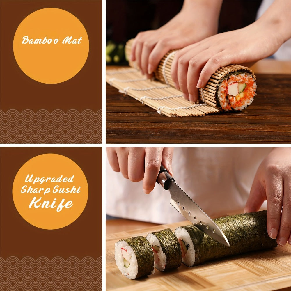 Sushi Making Kit 22-in-1 with Bamboo Rolling Mats Chef Knife Triangle Nigiri Gunkan Molds Chopsticks Beginner Guide – Complete DIY Sushi Set for Home Kitchen Japanese Cooking Gift