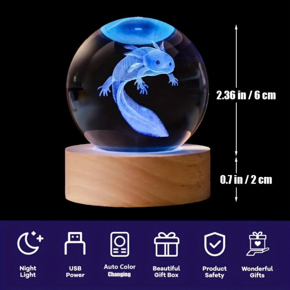 3D Axolotl Crystal Ball Night Light – USB Powered LED Colorful Gradient Glow Orb Atmosphere Lamp with Bamboo Base, Amphibian Figurine Desk Light for Home Decor, Bedroom, Kids Room & Unique Gift (2.36in)