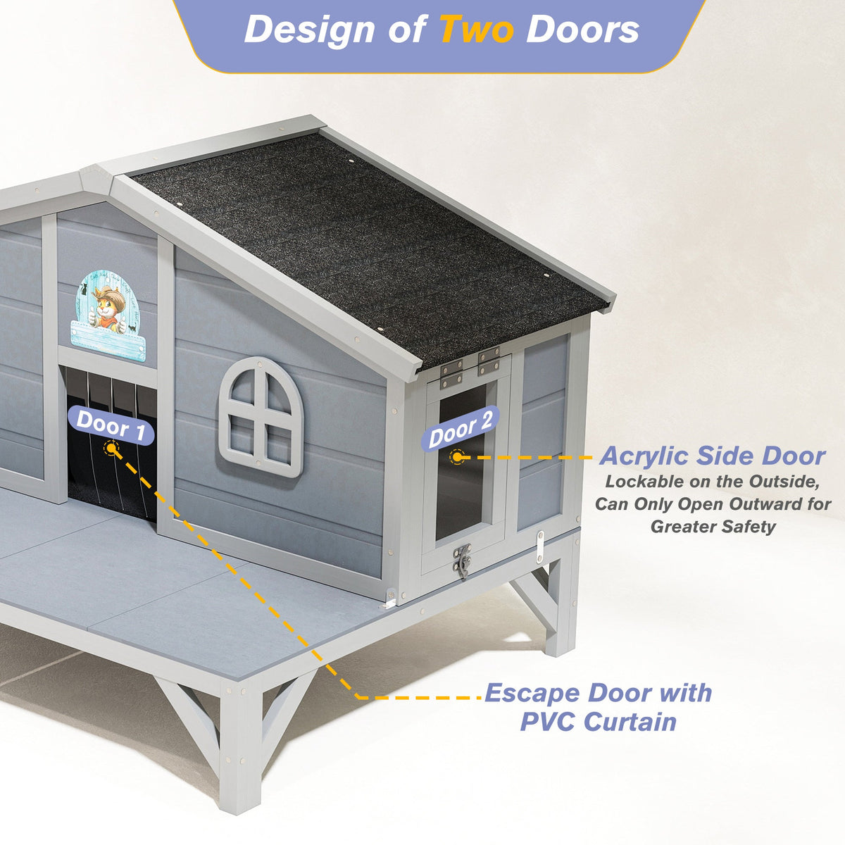 Outdoor Cat House Wooden Weatherproof Feral Cat Shelter with Deck, Elevated Legs & 2 Escape Doors – Large Indoor Outdoor Catio for 1-3 Cats, Rabbits & Small Animals, Grey