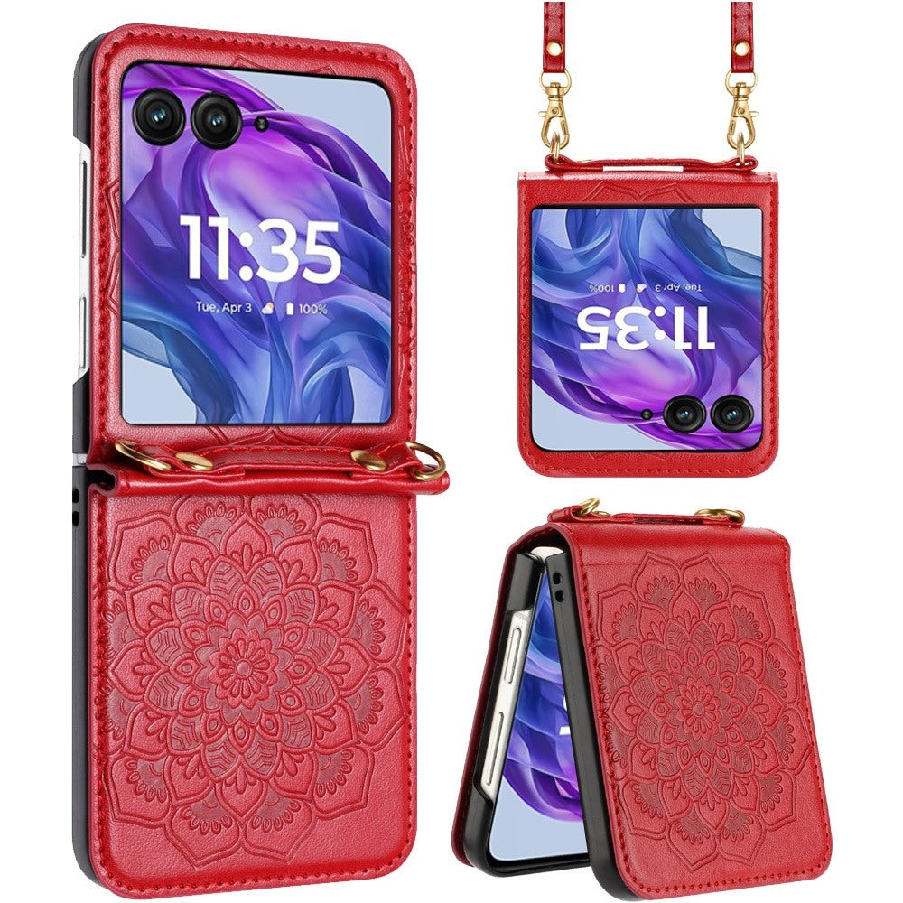 Floral Crossbody Motorola Razr 2024 / Razr+ Plus 2024 Case Flower Embossed PU Leather Lanyard Strap – Boho Henna Mandala Hybrid Protective Cover for Women Gift