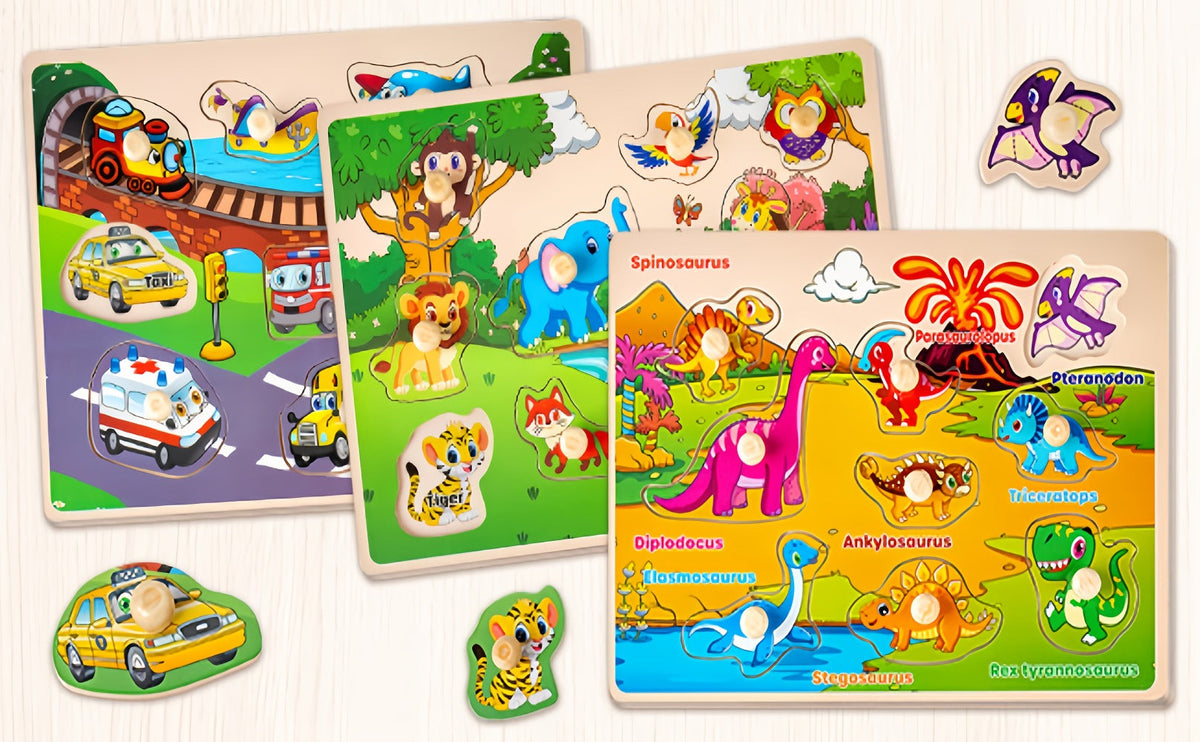 Wooden Toddler Puzzle Set with Storage Rack, Two Theme Options