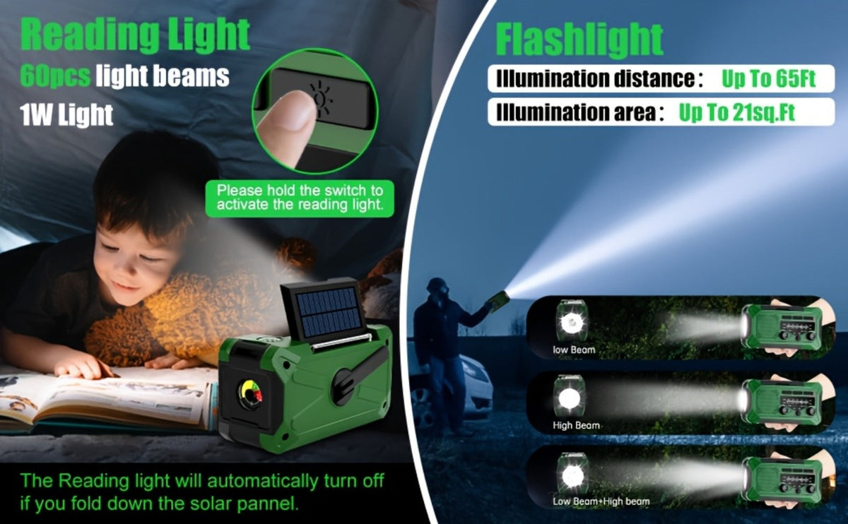 Emergency Radio Hand Crank Solar USB 3-Way Charging AM FM with 10000mAh Power Bank, SOS Alarm, LED Flashlight, Reading Light, Thermometer, Compass for Family Home Survival Kit