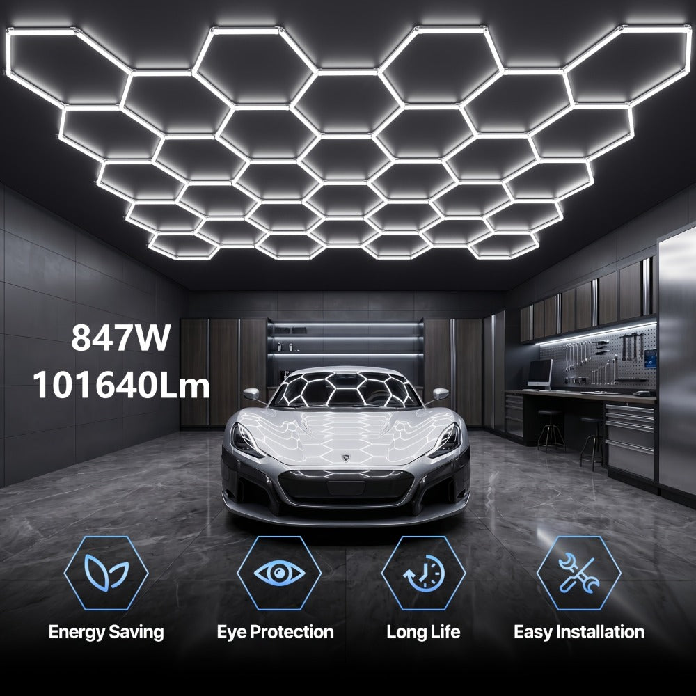 LED Hexagonal Garage Light 6500K – Super Bright Daylight White Shop Light 42W–620W for Auto Detailing, Warehouse, Workshop, Basement & Gym (1 to 32 Grids, Hex Frame Available)