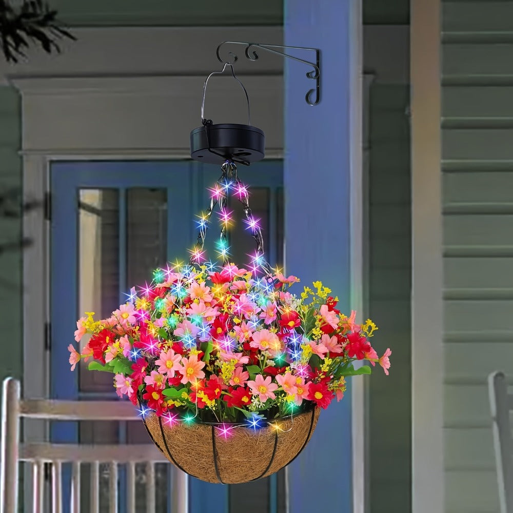 Solar Hanging Flower Basket with RGB String Lights – 10 Inch Artificial Flowers, Dusk-to-Dawn Auto On, Waterproof Outdoor Decor for Patio, Garden, Balcony & Front Porch | Pink Purple Orange