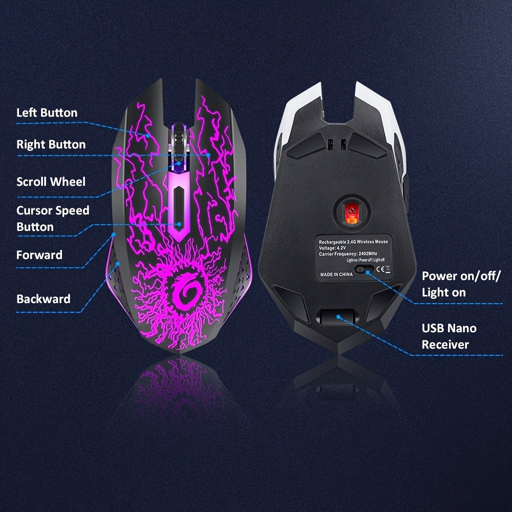 RGB Wireless Gaming Mouse Rechargeable Silent Click Colorful LED Lights 2.4G USB Nano Receiver USB-C Charging PC Mac Laptop Desktop Chromebook Black White Pink