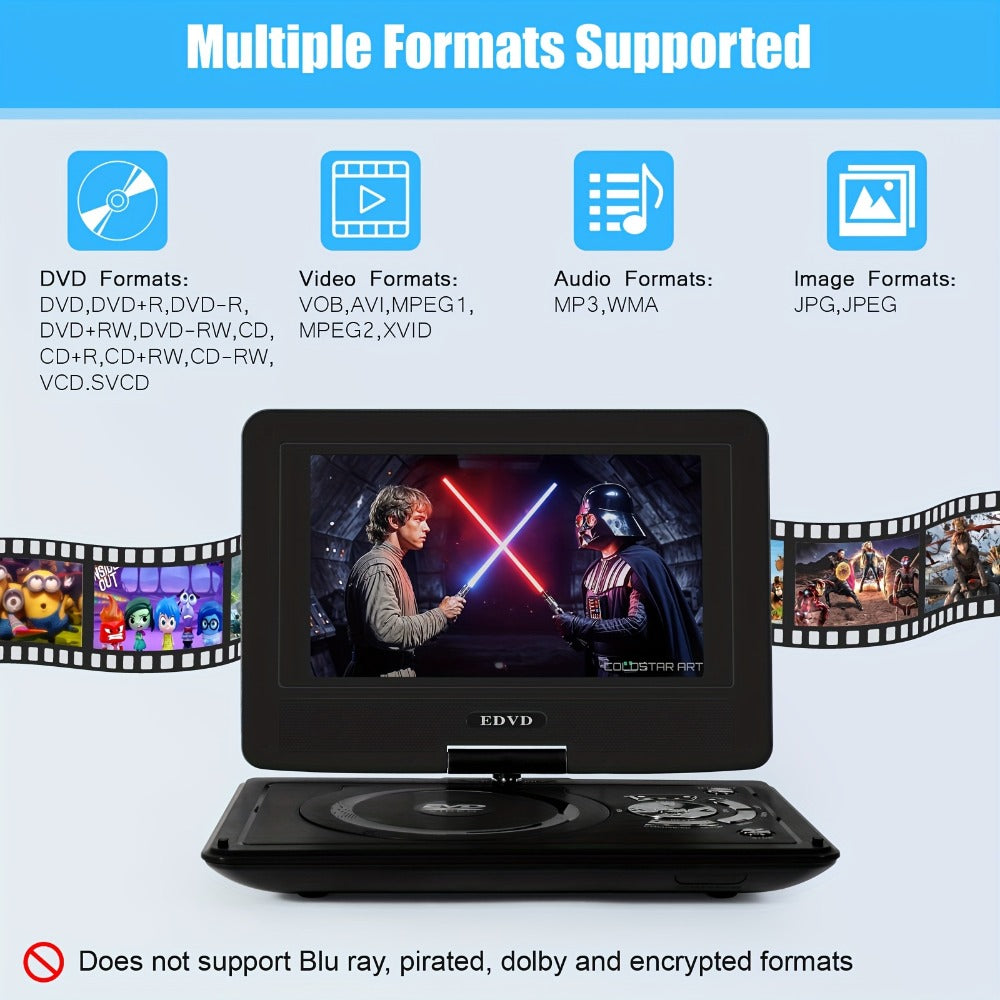 9 Inch Portable DVD Player for Kids Car Travel, Rechargeable Battery, Region Free, Dual Speakers, Earphone Jack, USB SD Card, Swivel Screen, Headrest Mount, Supports DVD CD VCD AVI MP3 JPEG