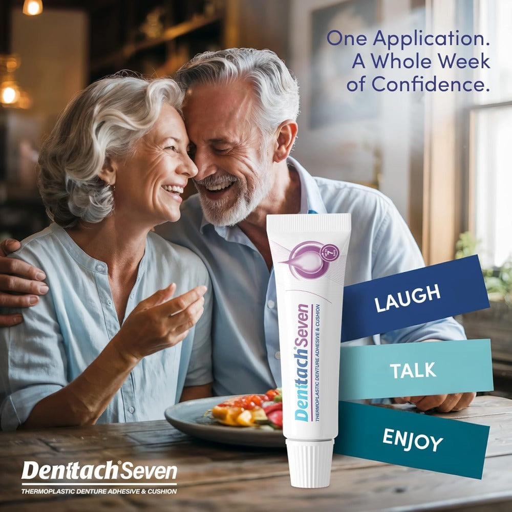 Denttach 7-Day Hold Denture Adhesive Thermoplastic Cushion Reliner Zinc-Free No-Glue Secure Grip for Upper Lower Dentures All-Day Comfort 2 Pack 0.71oz Each
