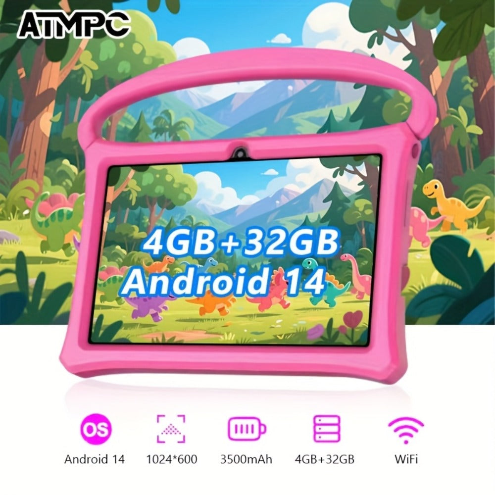 Kids Tablet 7 Inch Android 14, 4GB RAM 32GB ROM, Eye Protection HD Touchscreen, Drop-Proof Silicone Case, Parental Controls, WiFi Learning Tablet for Boys & Girls, Educational Gift for Toddlers Ages 3-12, Dusty Rose