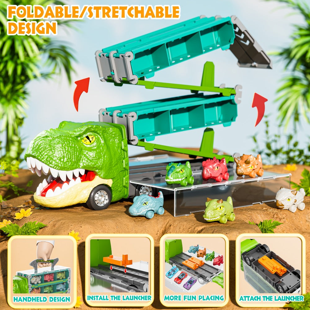 Dinosaur Truck Toy Carrier with 63-Inch Foldable Race Track, 13-in-1 Set with 12 Cars & 2-Player Racing