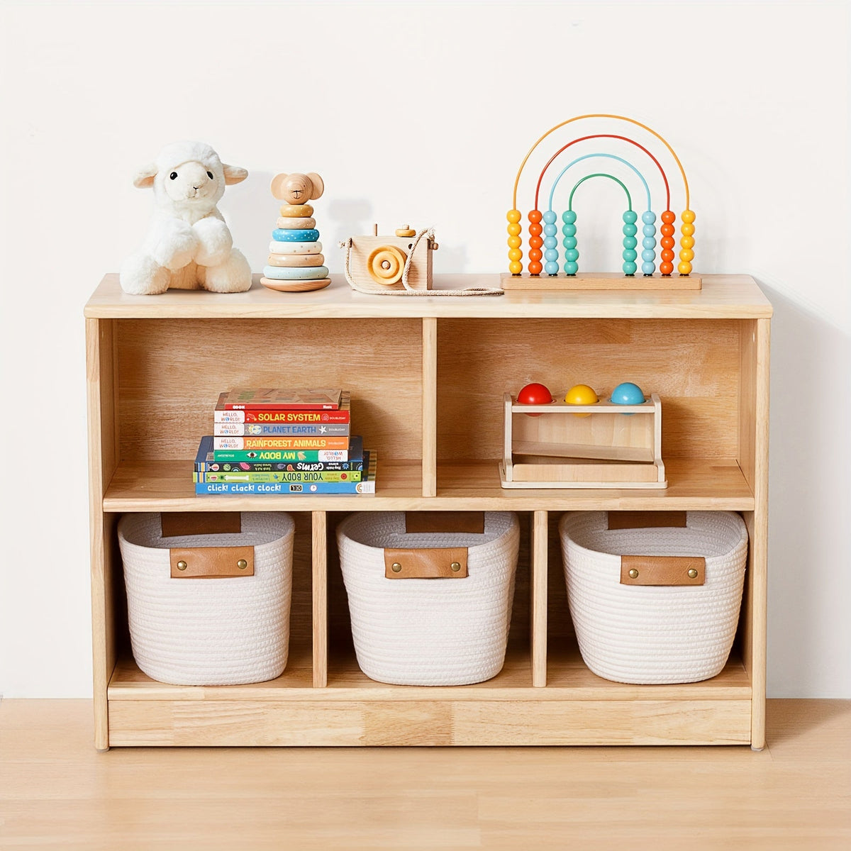Rubber Wood 5-Compartment Bookshelf 35.4" – 2-Tier Wooden Storage Cabinet for Classroom, Playroom & Preschool | Kids Book Organizer Shelf for Daycare, Bedroom & Living Room | 5-Section Display Rack