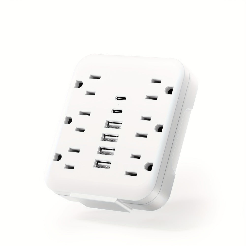 Bedside Wall Power Strip 12-in-1 with 6 AC Outlets, 4 USB-A & 2 USB-C Ports – Multi-Socket Charging Station for Home, Office, Bedroom & Travel, White & Black