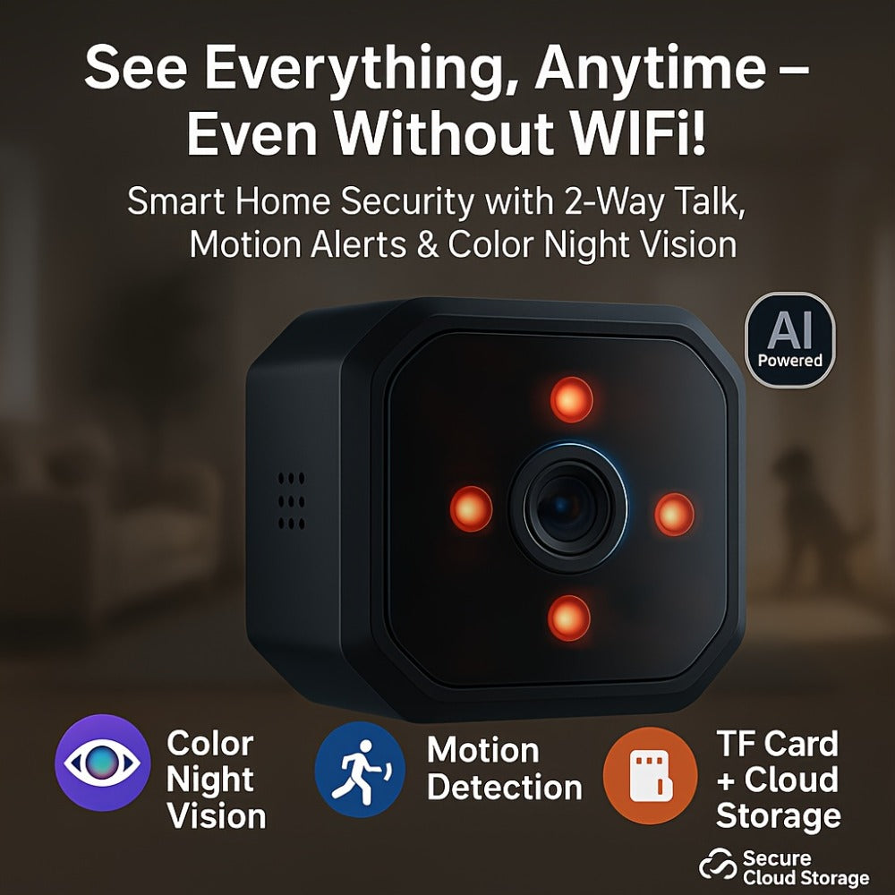 Mini Plug-In Security Camera Indoor Flexible WiFi with Night Vision, 24/7 Motion Alerts & TF Card Local Storage – No Monthly Fees, Perfect for Garage, Baby Room & Home Surveillance