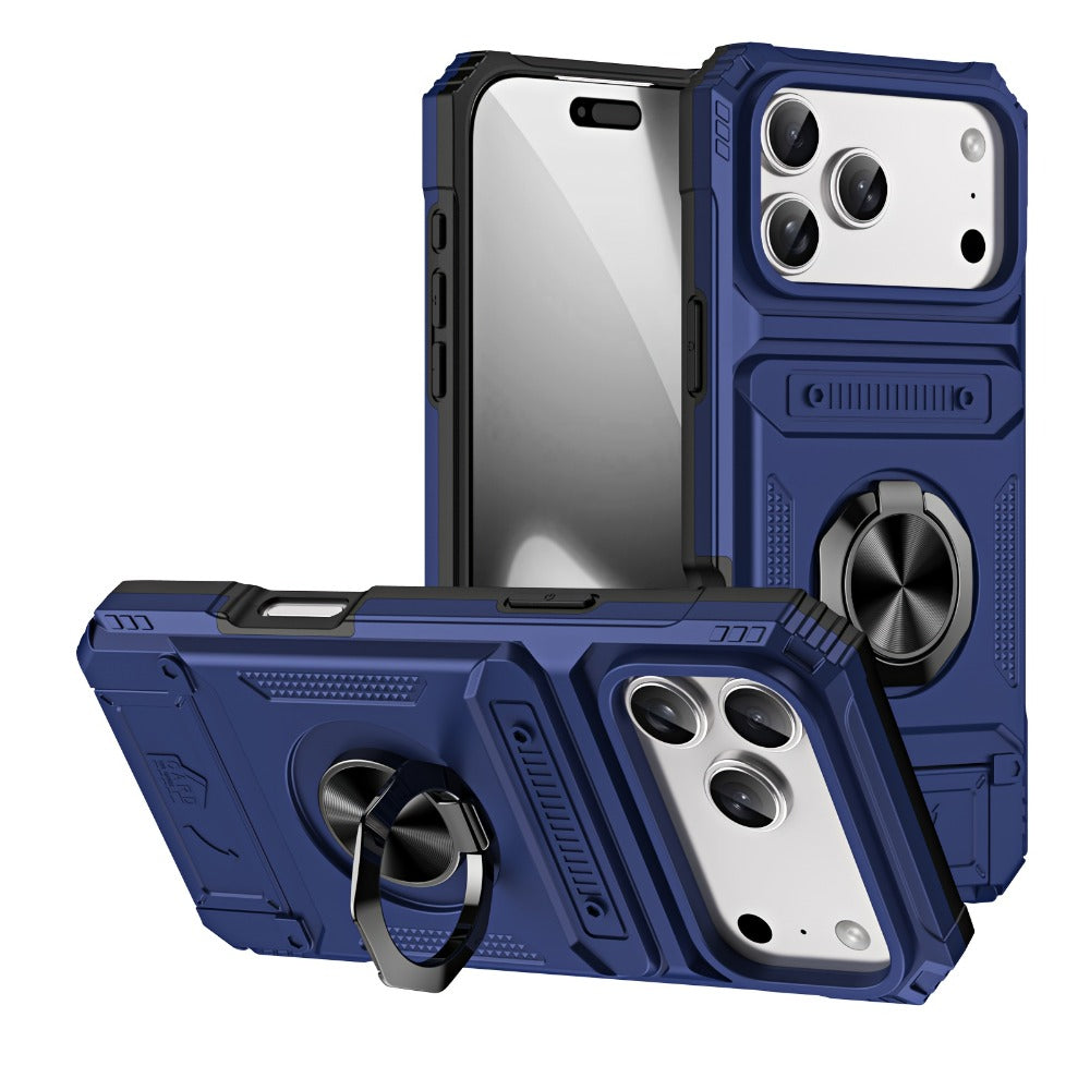 iPhone Card Slot Shockproof Case with Ring Holder & Kickstand – Wallet Phone Cover for iPhone 17 17 Air 17 Pro Max 16 15 14 13 12 11 Pro Max Plus Mini | Heavy Duty Drop Protection