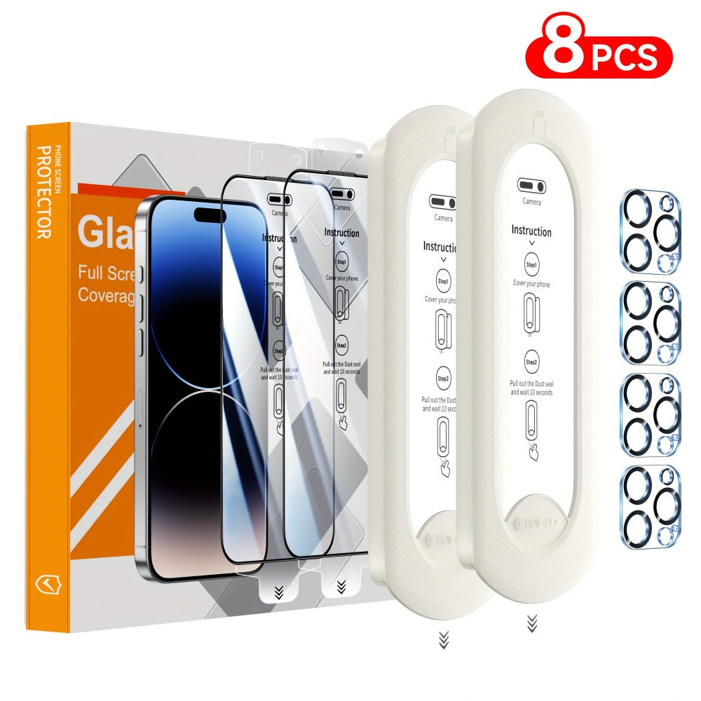 9H Tempered Glass Screen Protector for iPhone 8-Pack with Alignment Tool – 4 Screen + 4 Camera Lens, HD Clear, Bubble-Free, Case Compatible, iPhone 16 Pro Max / 15 / 14 / 13 / 12 / 11 Series