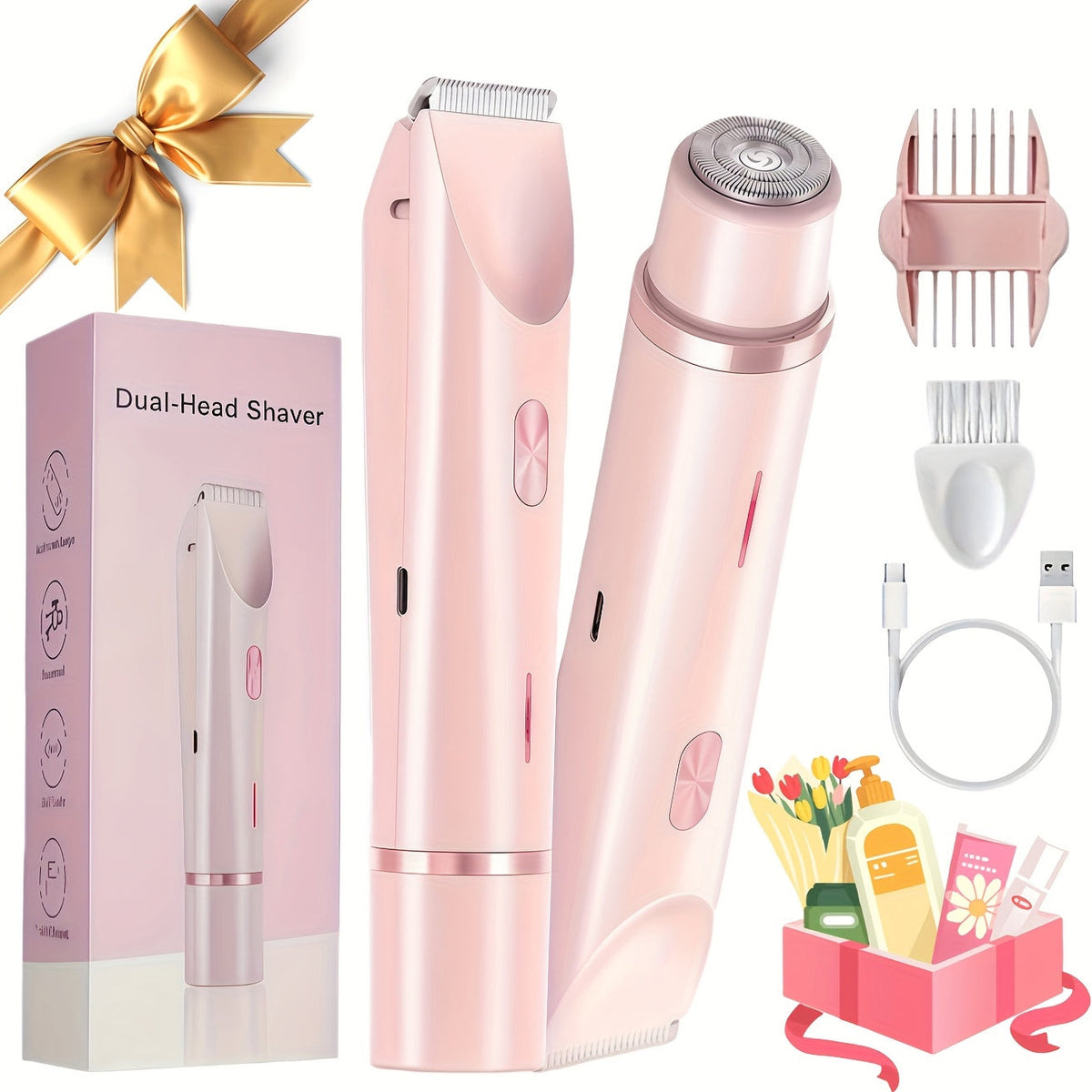 Electric Hair Trimmer for Women Dual Head IPX7 Waterproof USB Rechargeable Painless Bikini Trimmer Face Body Shaver Arms Legs Underarm Bikini Line Sensitive Skin Pink Special Edition Gift Set