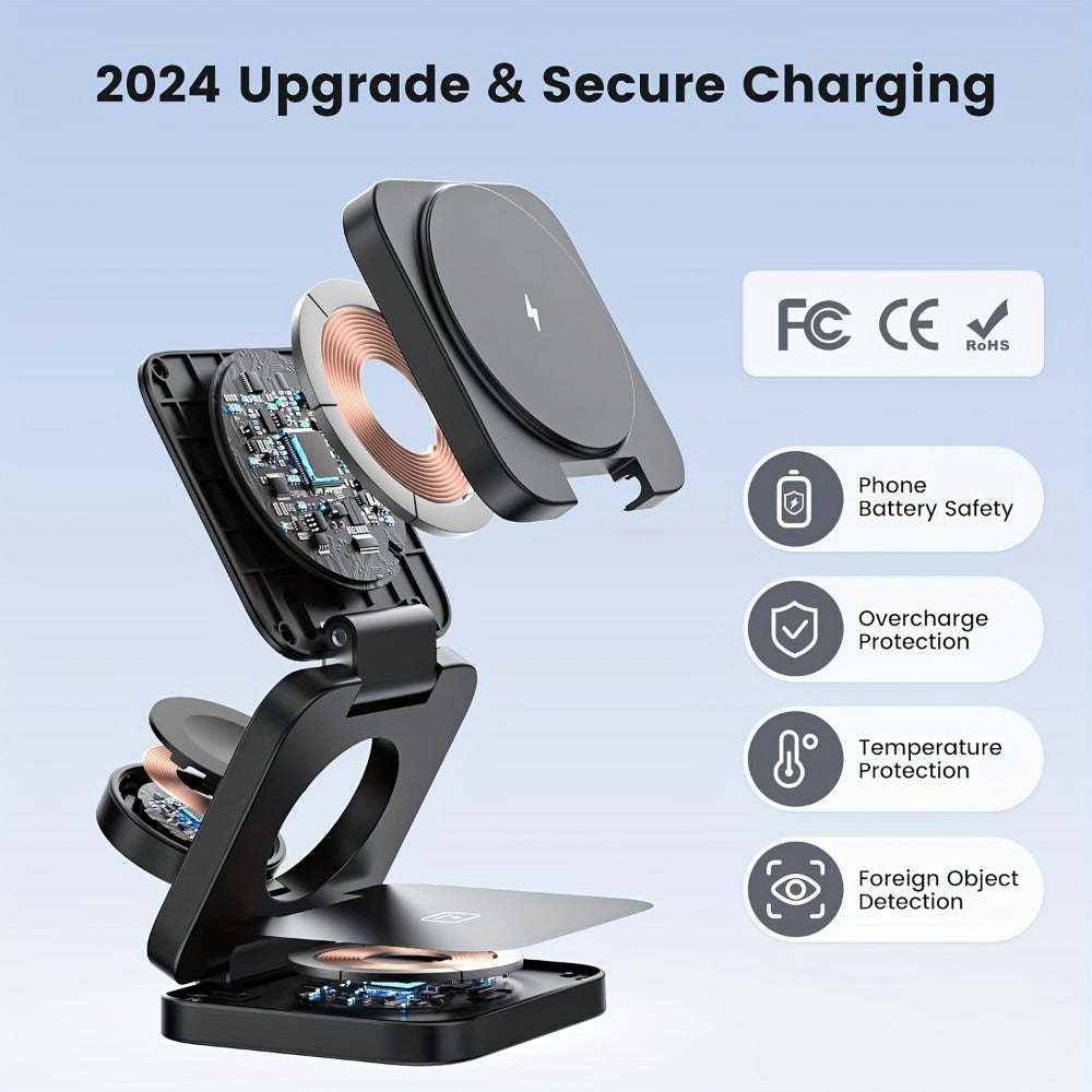 3-in-1 Foldable Travel Charging Station Magnetic Wireless Charger Dock for iPhone 17 16 15 14 13 12 Pro Max, Apple Watch Ultra 2 Series 9 8 7 6 5 4 3 2 SE, AirPods 4 3 2 Pro – Compact Portable – Black