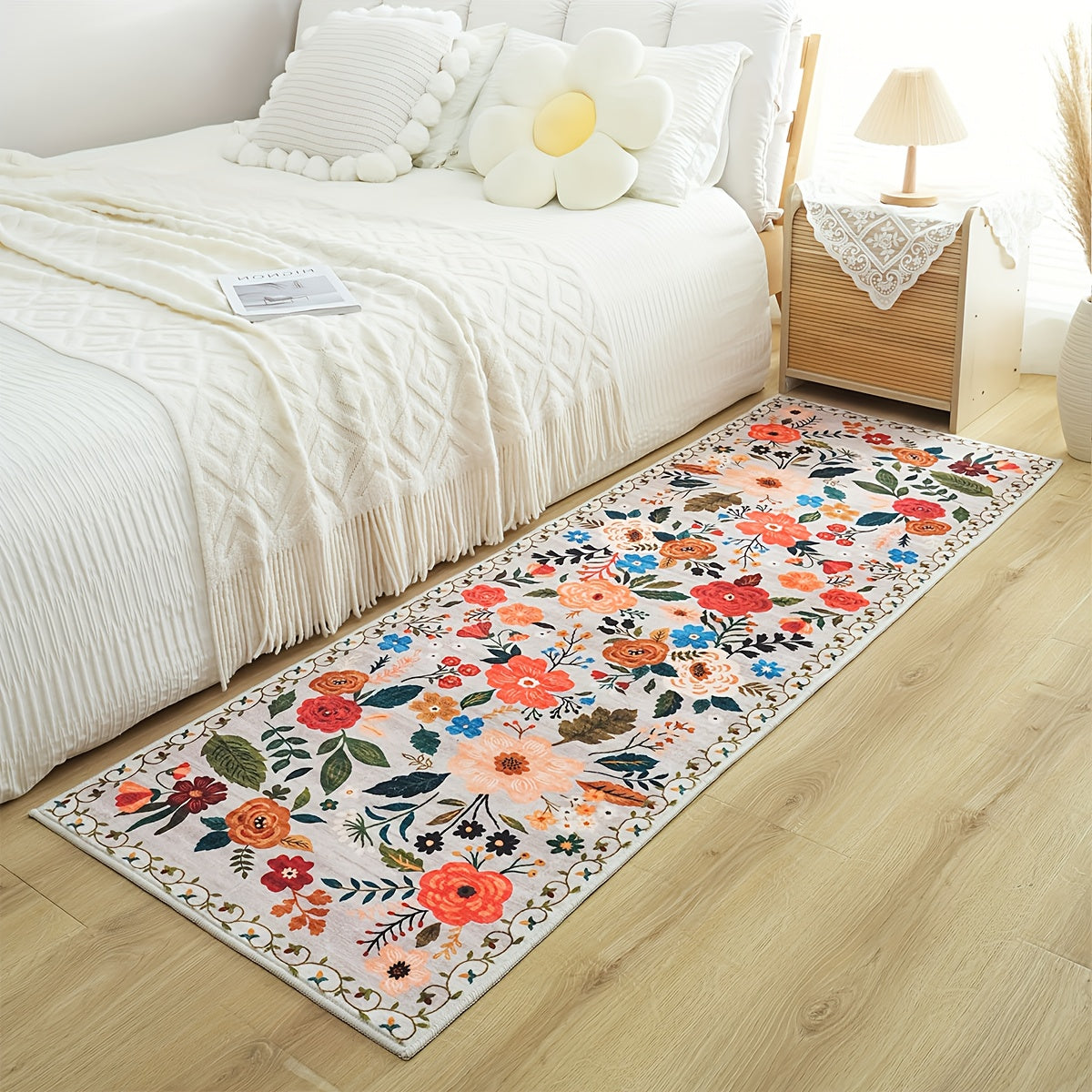 Bohemian Floral Plush Rug Non-Slip Machine Washable – Soft Floral Runner Mat for Bedroom, Kitchen, Bathroom, Entryway & Living Room – Easy Clean Indoor Home Decor Mat, 4 Sizes