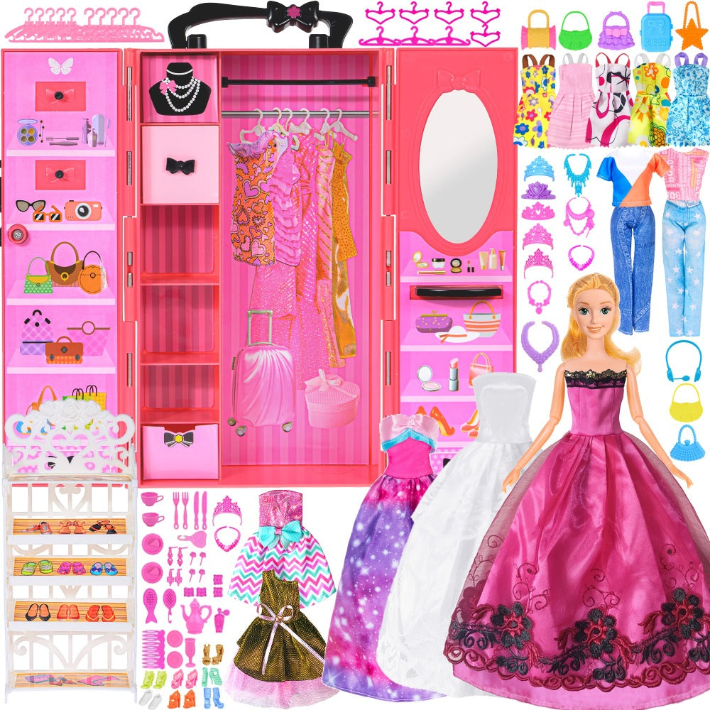 140-Piece Fashion Doll Wardrobe Set with 11.5-Inch Doll and Closet