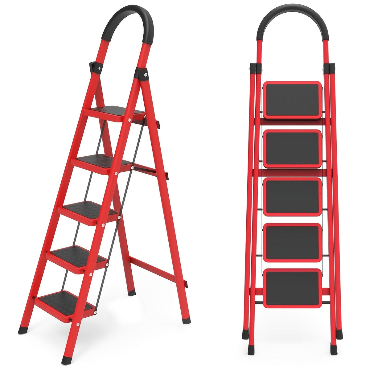 Folding Step Ladder with Anti-Slip Pedals & Handrail – 2/3/4/5 Step Stool for Adults, Sturdy Steel, Lightweight Portable, Non-Slip Feet, Rust-Resistant, Foldable for Home Kitchen Office Bedroom Use