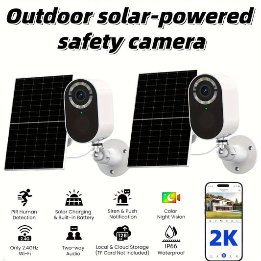 2K Solar Security Camera Outdoor Waterproof with Human Figure Alarm, Color Night Vision, 2-Way Audio, Low-Power WiFi Monitoring – Indoor Outdoor Pet Baby Surveillance Camera, 2.4G Wi-Fi