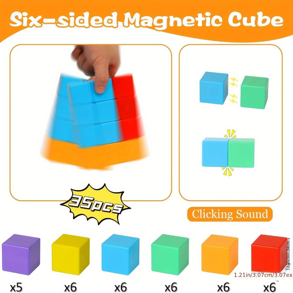 Magnetic Cube Building Blocks, 35 Pcs Rainbow Set with Sealed Magnets for Ages 3-5