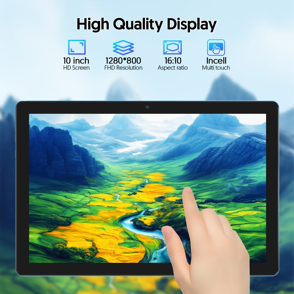 Android 15 Tablet 10.1 Inch WiFi 6 Quad-Core 12GB RAM 64GB ROM 1TB Expandable 6000mAh Battery 1280x800 IPS Display Dual Camera 8MP 2MP Optional Keyboard Case Mouse Stylus