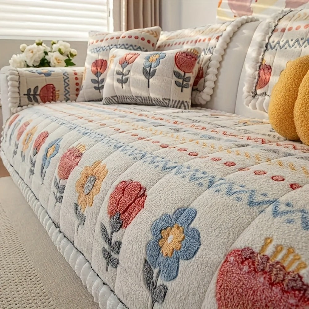 Milk Velvet Sofa Cover Bohemian Floral Print Cozy Warm Thick Machine Washable Sofa Slipcover for 2 3 4 Seater Sofa Couch Living Room - Artistic Boho Style