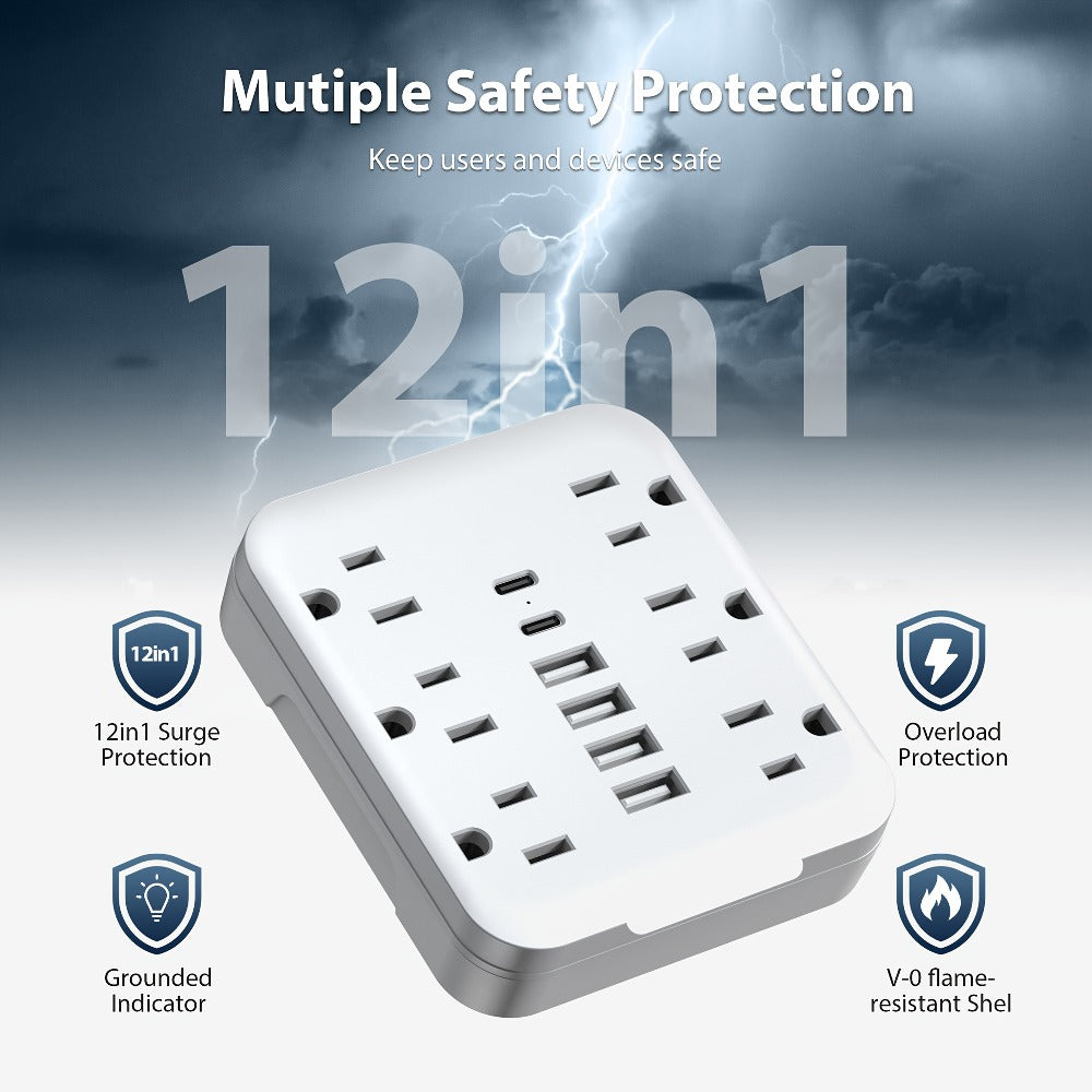 Compact 12-in-1 Mini Power Strip with 6 AC Outlets, 4 USB-A & 2 USB-C Ports – Portable Wall Charger Adapter, Multi-Socket Extension Outlet for Travel, School, Office & Home Use