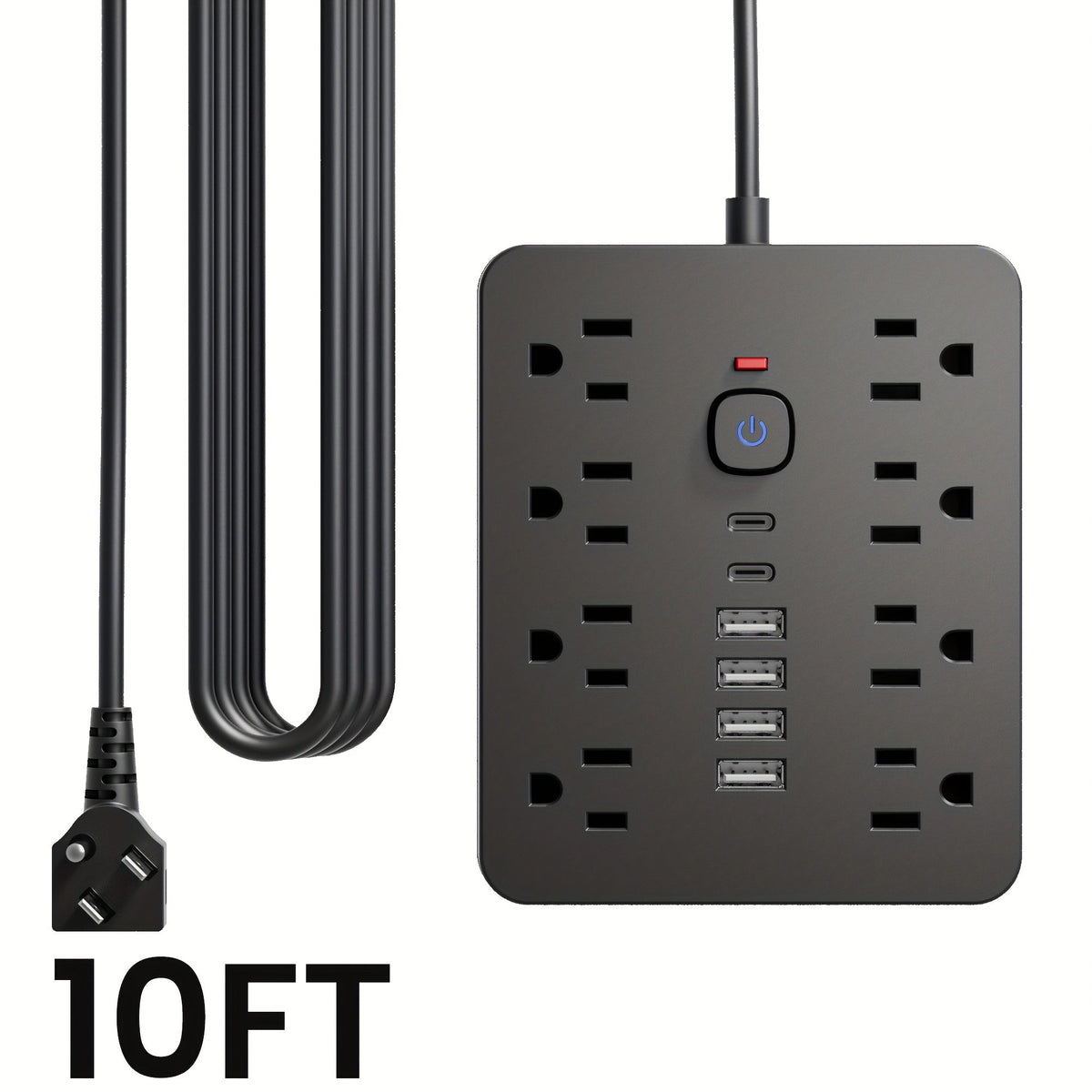 Flat Plug Wall Mount Power Strip 14-in-1 Surge Protector - 8 AC Outlets, 4 USB-A & 2 USB-C Ports, 5ft/10ft Extension Cord, Overload Protection, Desktop Charging for Home Office