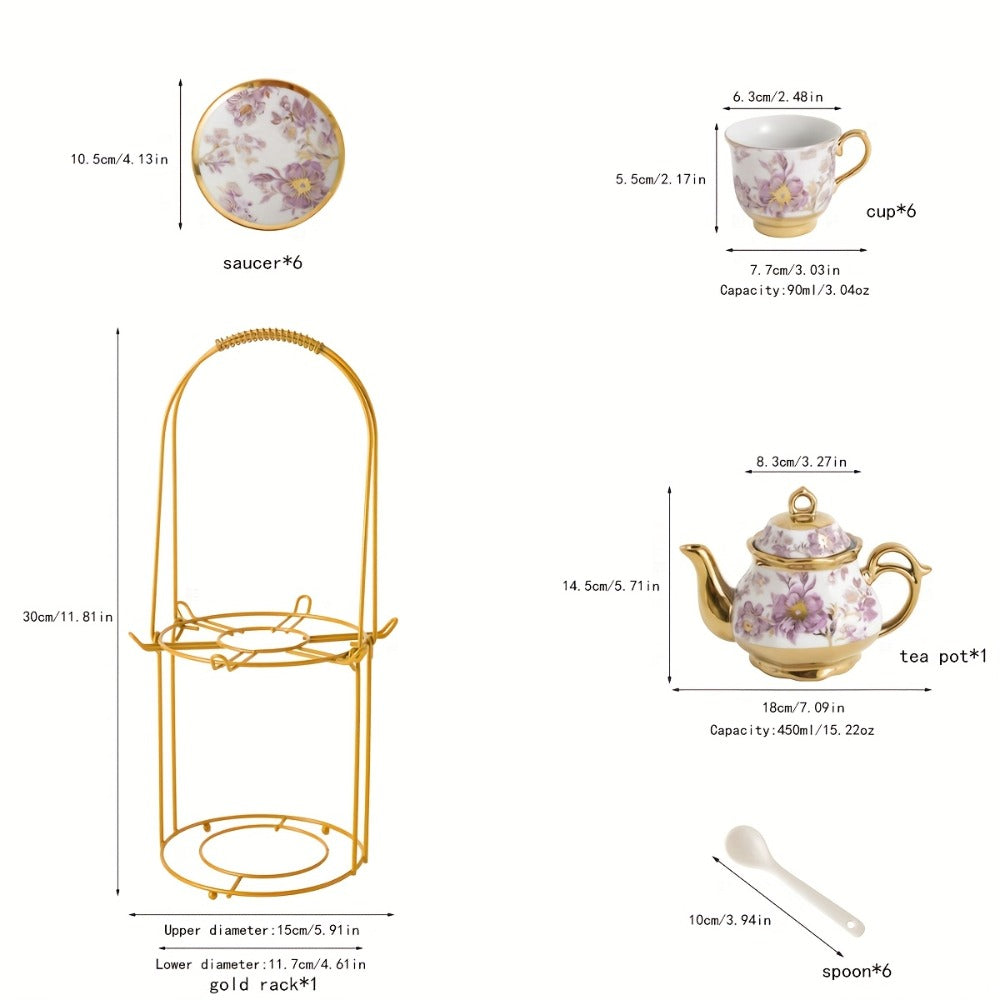 European Floral Ceramic Tea Set 20 Pcs – Italian Style Afternoon Tea Set with Metal Stand – Blooming Pattern Teapot & Cups – Elegant Gift for Tea Lovers & Special Occasions – Golden