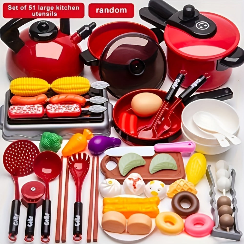 Pretend Play Kitchen Set for Kids – 51PCS Toy Cooking Utensils, Tableware & Play Food, Simulation Kitchen Playset for Toddlers Boys & Girls, Birthday Christmas Halloween Gift