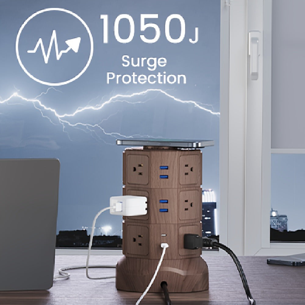 Wireless Charging Tower Power Strip 18-in-1 Surge Protector - 12 AC Outlets, 6 USB Ports (2 USB-C), 1050 Joules, 5ft Retractable Cord, Gold Desktop Charging Tower for Home Office Dorm