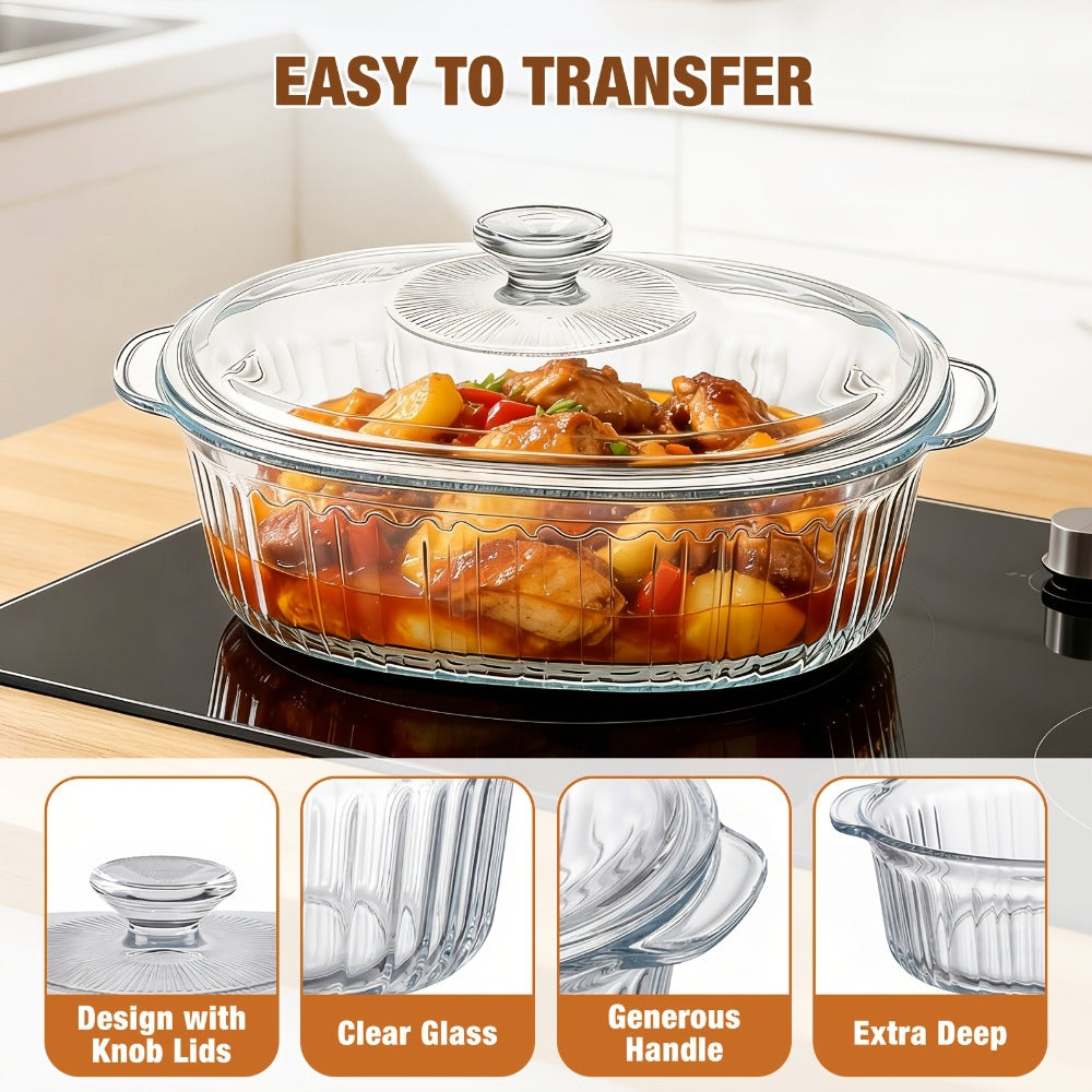 Borosilicate Glass Baking Dish with Lid 96oz – Oval Casserole Pan Microwave Oven Fridge Safe | Multi-Use for Baking, Meal Prep, Grilled Fish, Salad & Food Serving | Kitchen Bakeware with Cover