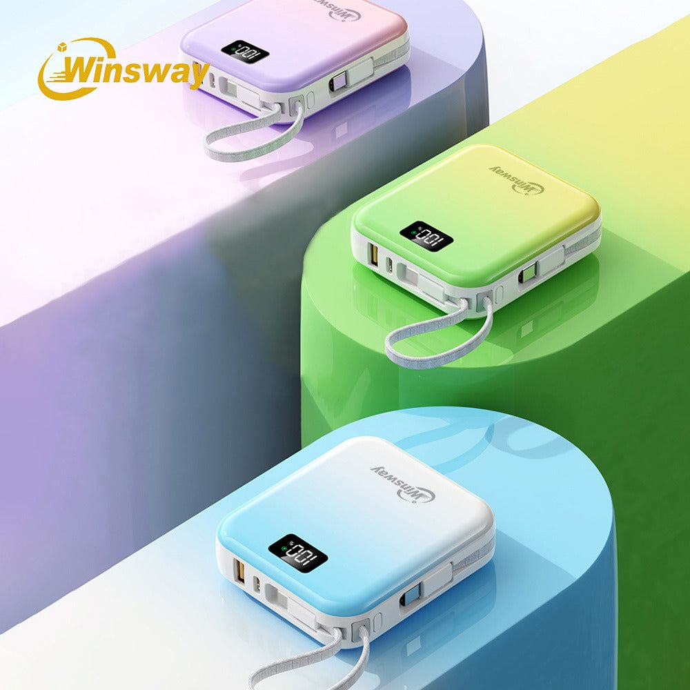 Mini Compact Power Bank 10000mAh Winsway 22.5W Fast Charging – Built-in Dual Cables USB-C & USB-A, Gradient Design, LED Display, Ultra-Lightweight Portable Charger for Travel Boarding Outdoor Gift