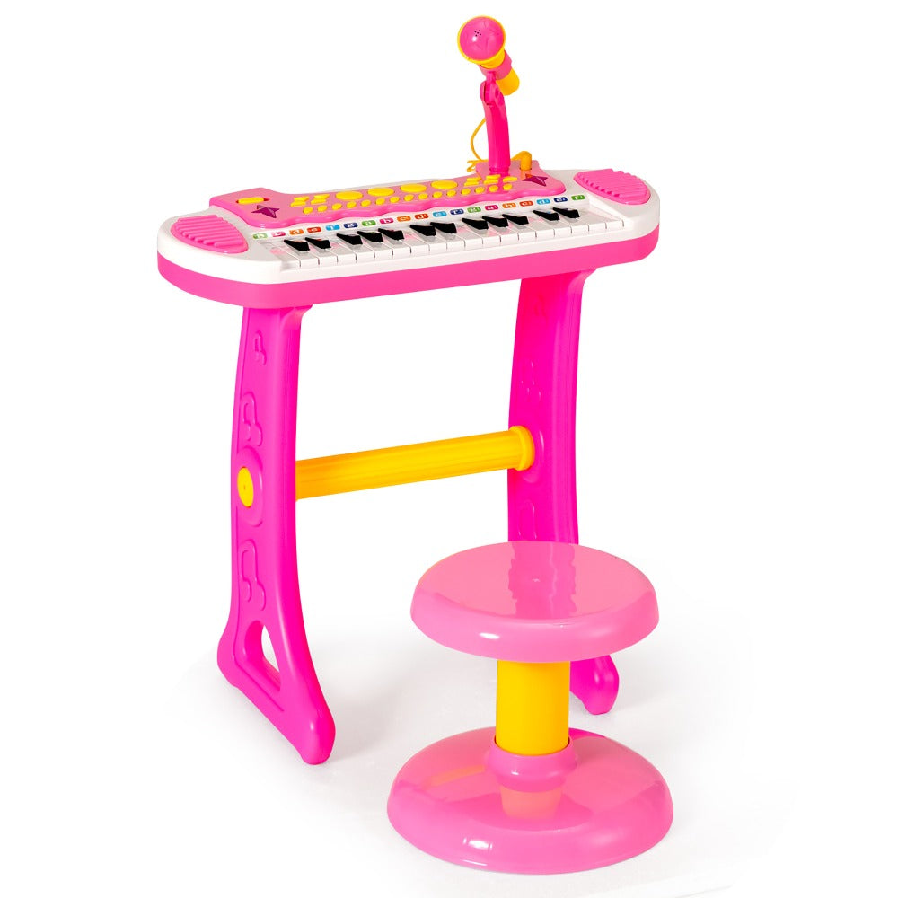 Kids Piano Keyboard Toy 31 Keys with Stool & Adjustable Microphone, Recording & Playback, Light Effects, Portable Electronic Music Instrument, Educational Gift for Boys & Girls Ages 3+, Pink