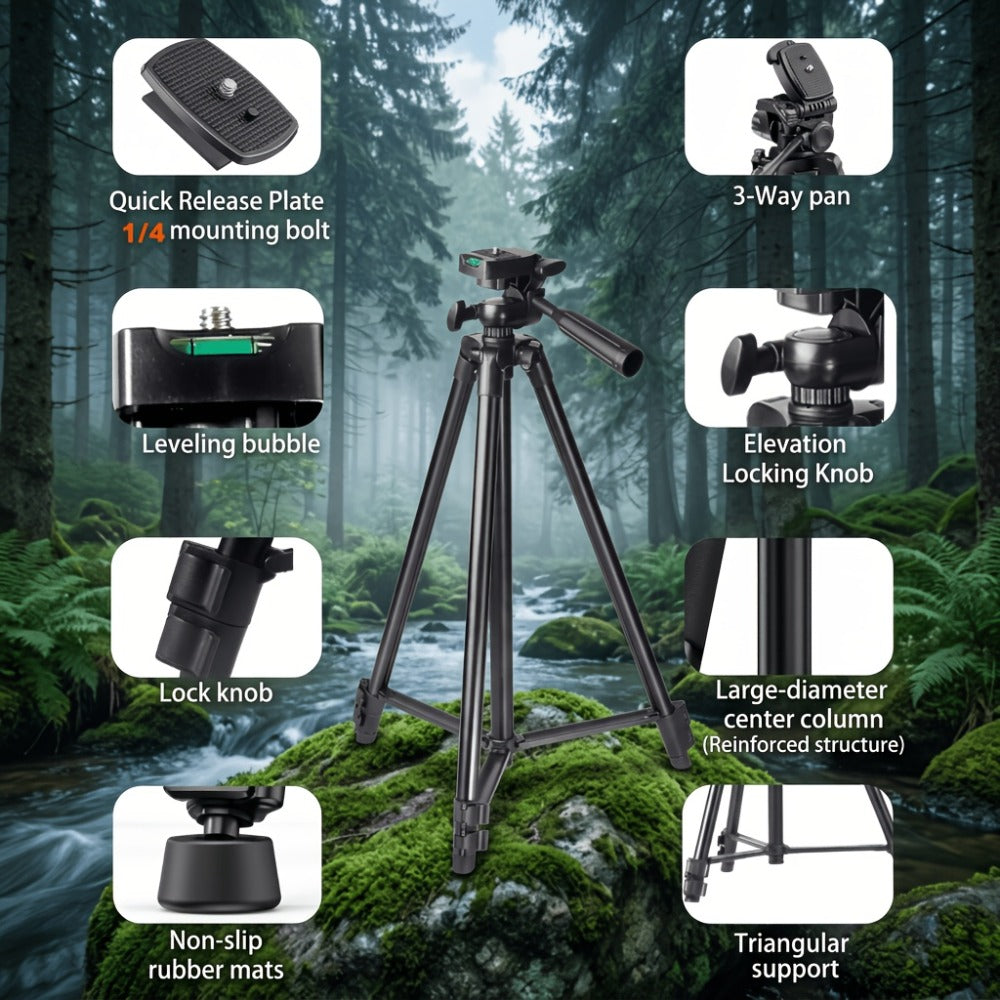 50-Inch Aluminum Travel Tripod with Phone Clip & Carrying Bag – Quick Release Plate, Universal Camera Stand for DSLR, Smartphone & Action Camera, Vlogging, Live Streaming & Outdoor Photography
